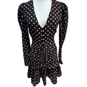 MINKPINK Black Tan Polka Dot Ruched Mini Dress XS Long Sleeve Like New